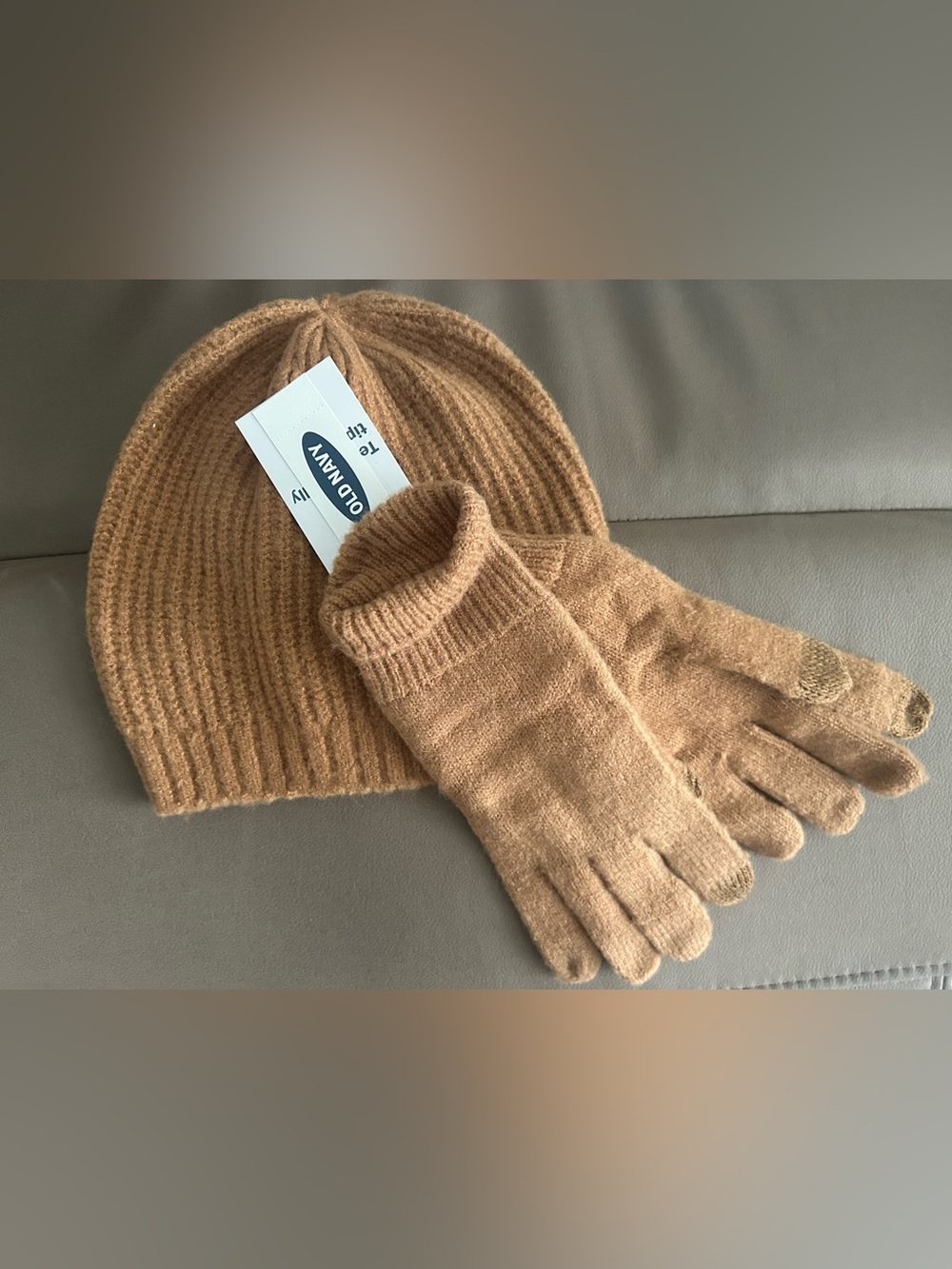 Old Navy Camel Ribbed Knit Beanie and Glove Set